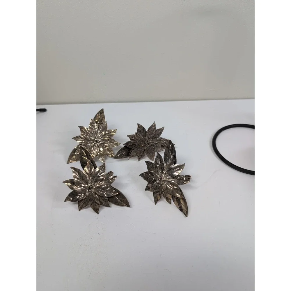 4 Metal Bronze Poinsettia Napkin Rings Holiday‎ Christmas Table Decor